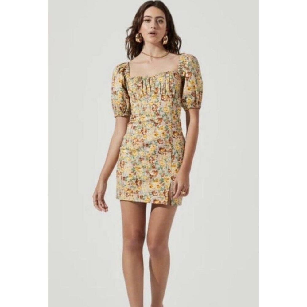 ASTR The Label Wendy Women's Floral Puff Sleeve Dress Yellow Size S Cottagecore